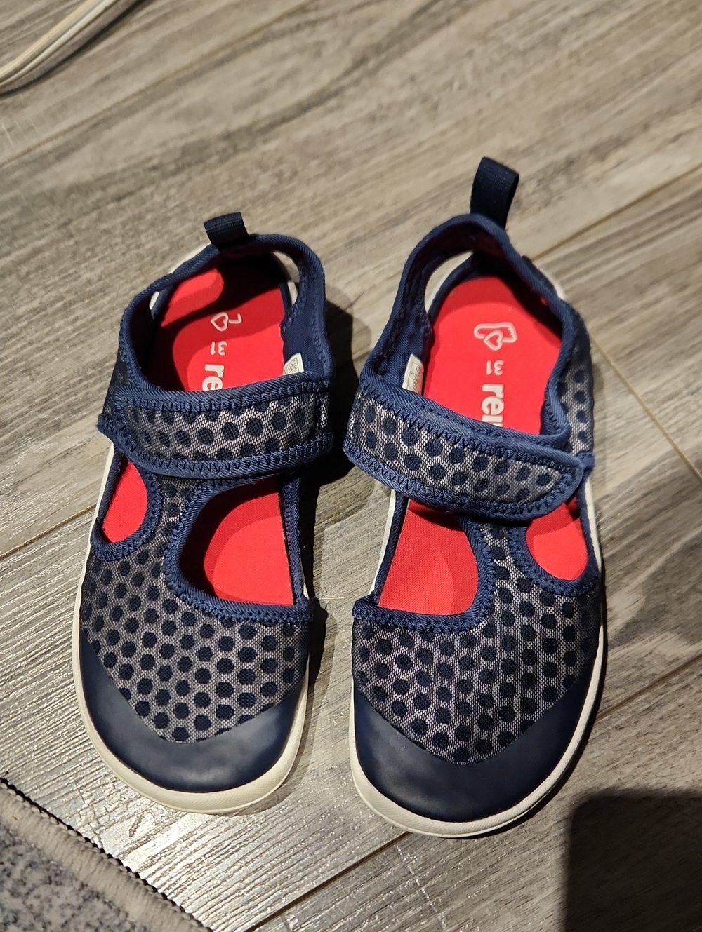 EUC Reima Girls Navy Polka Dot Mary Jane Sandals - Red Insole Sz US 13/13.5